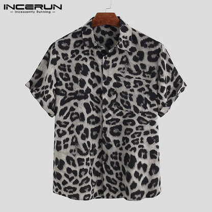 Casual Leopard Printed Men Shirt Short Sleeve Party