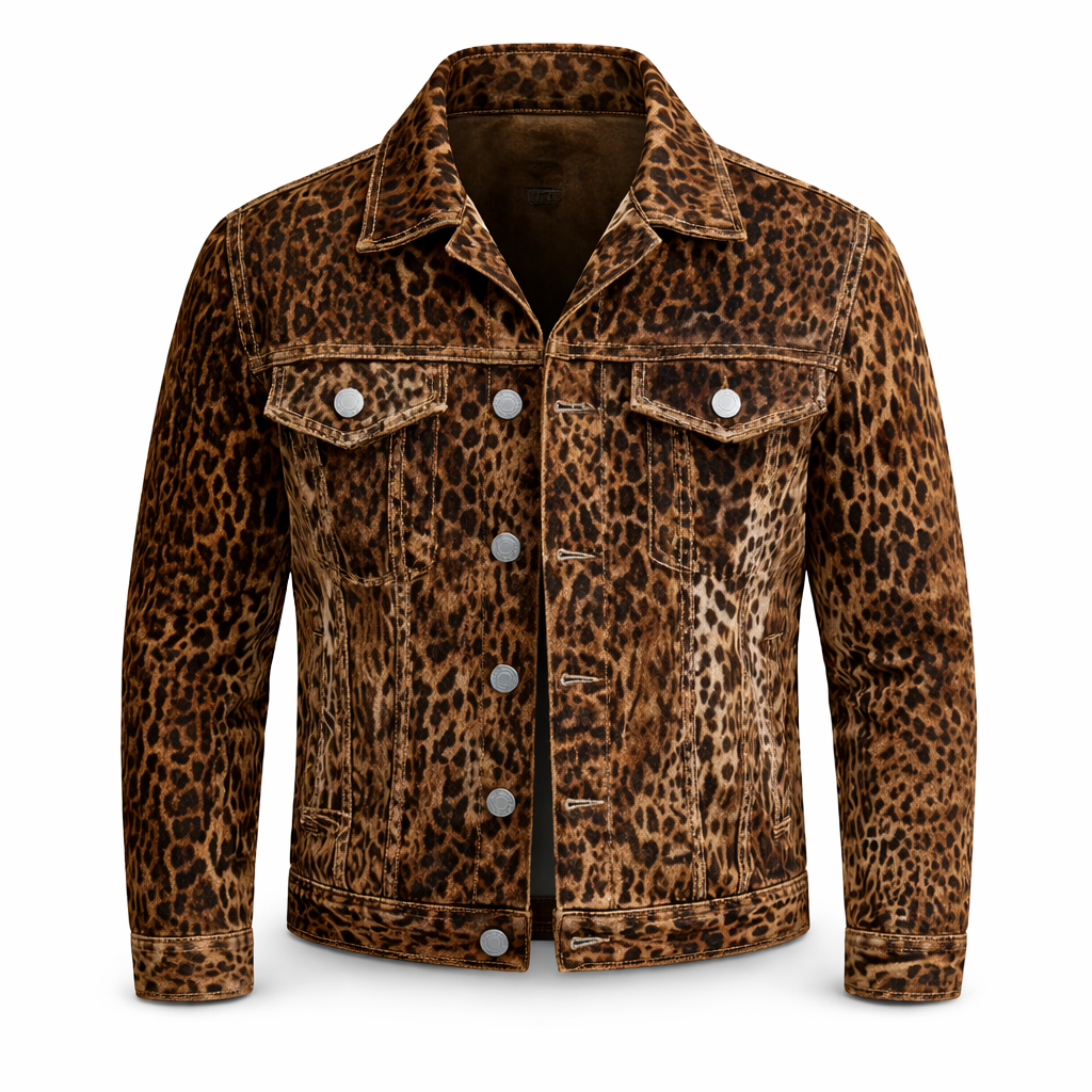 Veste jean homme Jungle Line à motif léopard vintage, coupe ajustée et style tendance, portée sur un mannequin.