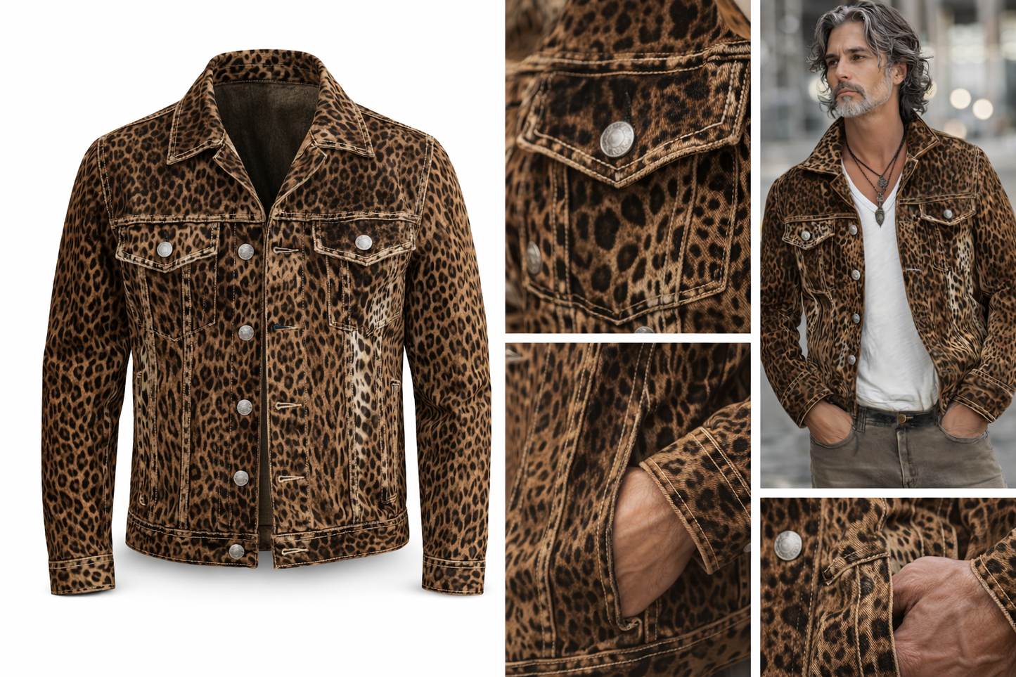 Veste jean homme Jungle Line avec motif léopard vintage, coupe ajustée et style tendance, visible en gros plan.