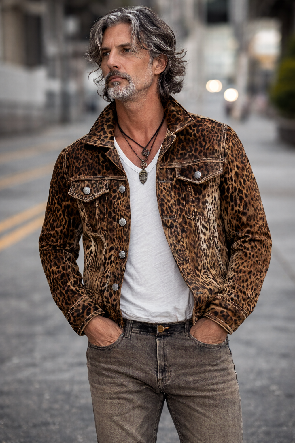 Veste en jean homme Jungle Line style léopard vintage, coupe ajustée, tendance et mode, visible sur l'image.