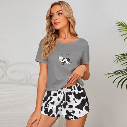 Cow Leopard Women's Pajamas Short Sleeves O Neck