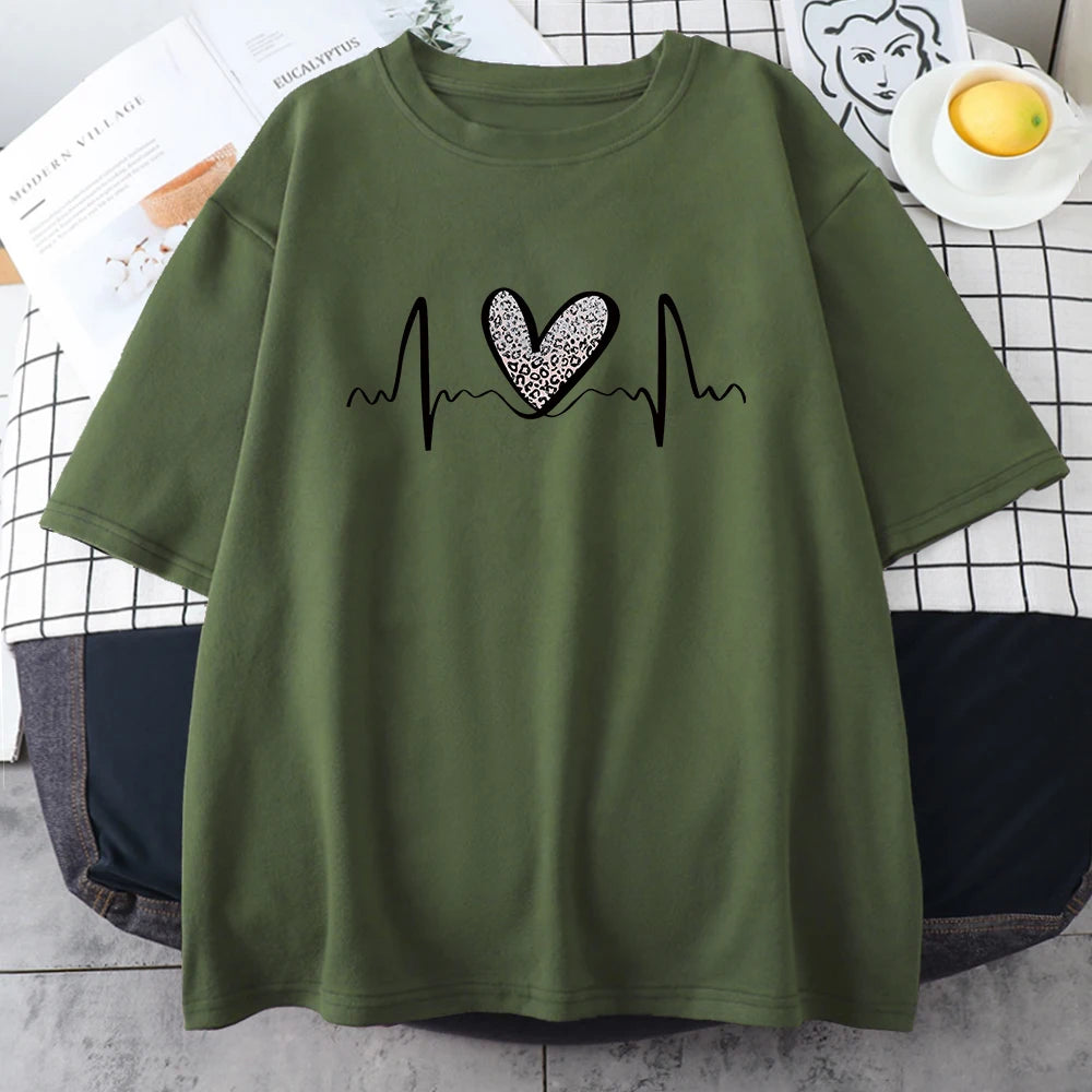 Fluctuating Leopard Heart Electrocardiogram T-Shirt Women Summer Soft Clothing Fashion Short Sleeve Plus Size Cotton Tshirts