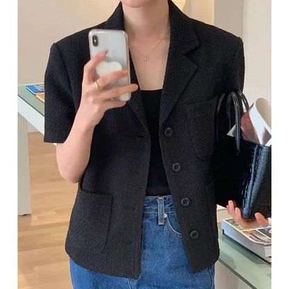 Chic Women's Suit Jacket Korean Style Lapel Single Breasted Multiple Pocket Short Sleeve Coat Summer 2025 New Fashion Loose Tops