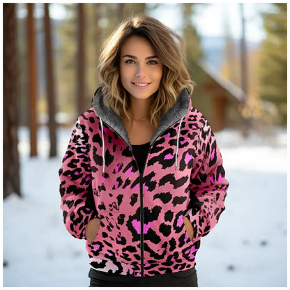 Women Coats Jackets Pink Leopard Graphics Printed Cardigans Outdoors Colors Plush Thick Winter Casual Streetwear Female Clothing