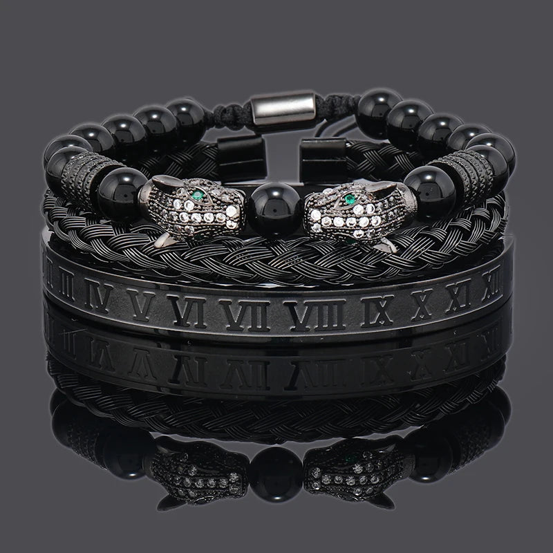 Luxury Black Stone Beads Leopard Head Man Bracelet