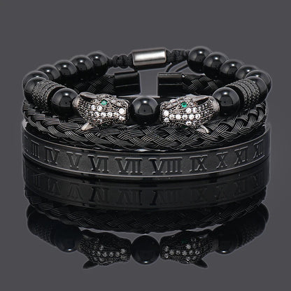 Luxury Black Stone Beads Leopard Head Man Bracelet