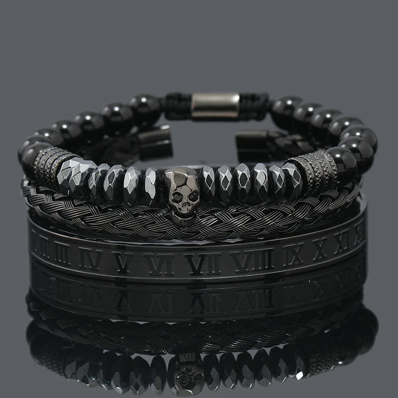 Black Stone Hematite Beads Men Skull Crown Leopard