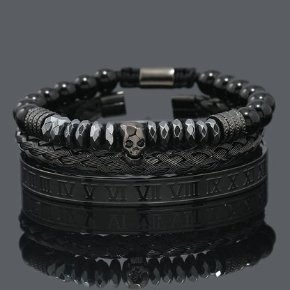 Black Stone Hematite Beads Men Skull Crown Leopard