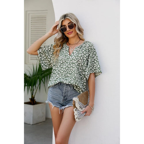 New Leopard Print Short-sleeved V-neck Loose Casual