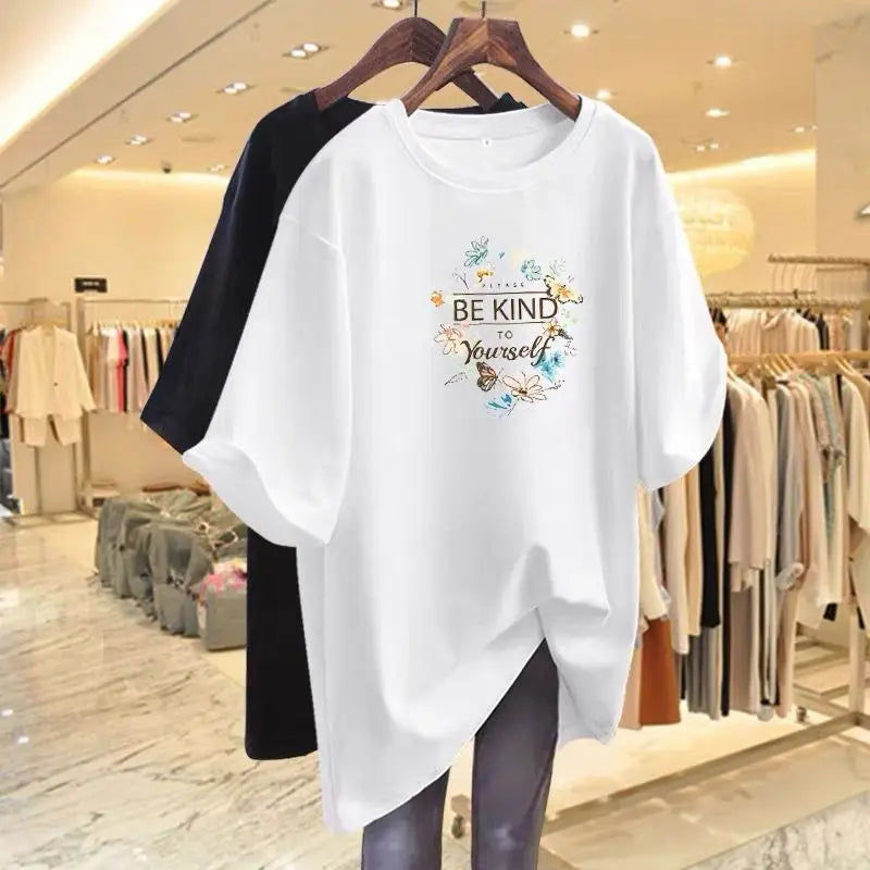 Women Clothing Floral Printing Pure Cotton Basic T-shirts Summer Fashion O-neck Short Sleeve Loose Tee Casual Chic Tops 45-105Kg