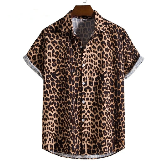 Leopard Hawaiian Sexy Floral Male Camisa Slim Fit Short