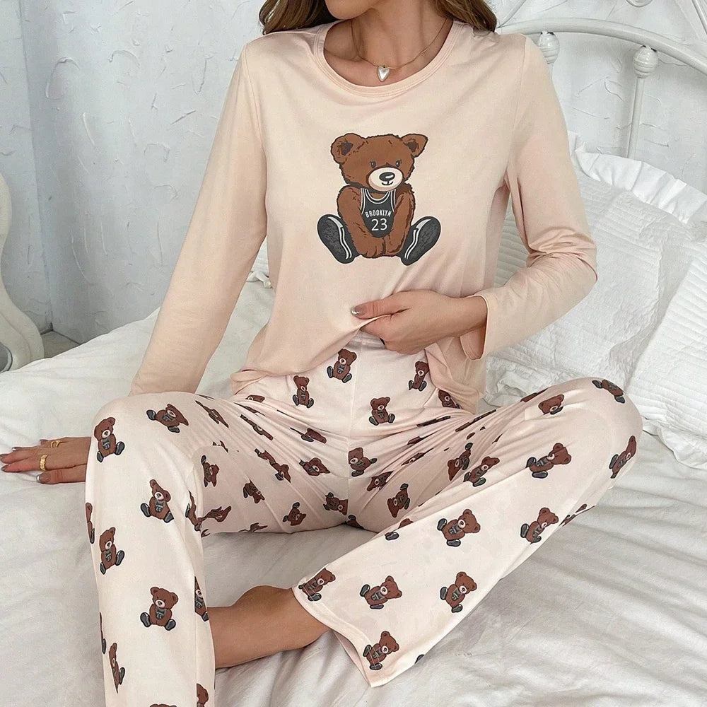 Aututmn Winter Leopard Print Pajamas for Women Heart Pattern