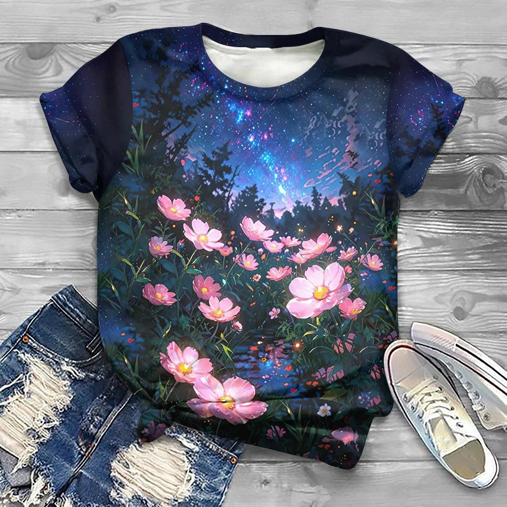 Flower Floral Pattern 3D Print T-Shirts Women Casual O-Neck Short Sleeve T Shirt Y2k Harajuku Tee Streetwear Top Female Clothing