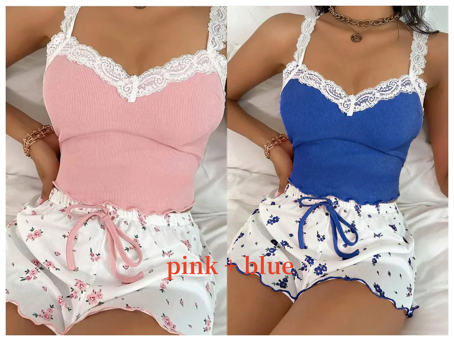 Women 2psc Pajama Set Pink Lace Patchwork V-Neck