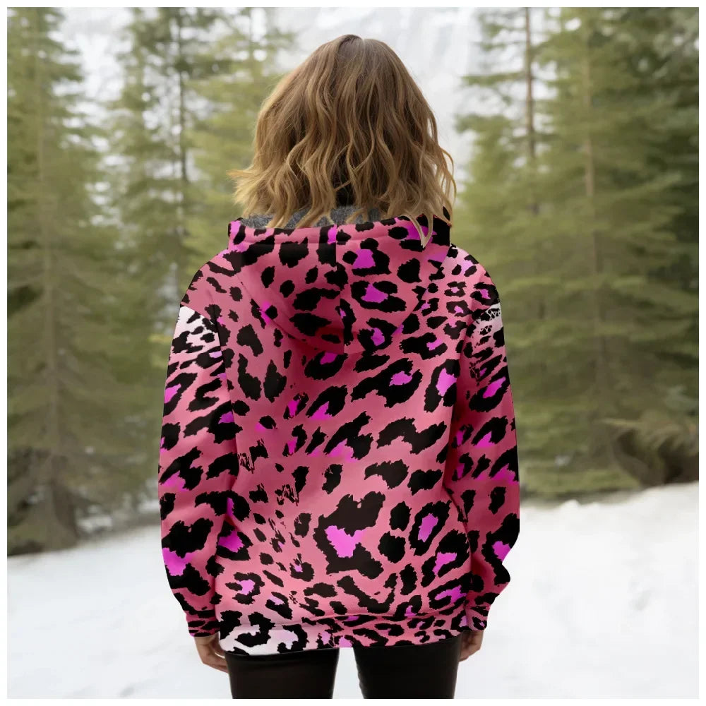 Women Coats Jackets Pink Leopard Graphics Printed Cardigans Outdoors Colors Plush Thick Winter Casual Streetwear Female Clothing