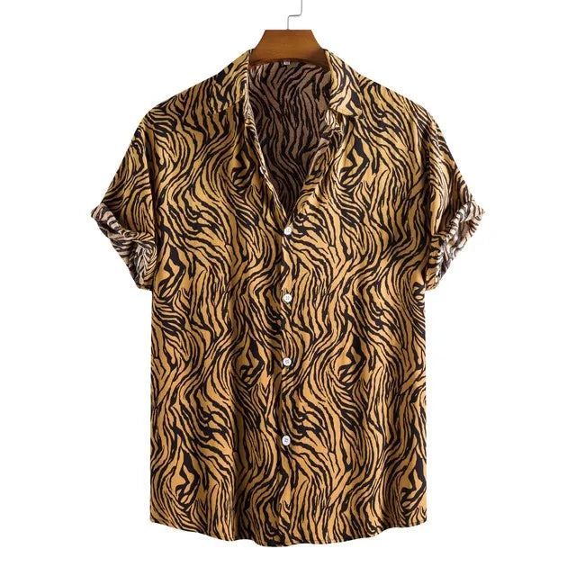 Leopard Hawaiian Sexy Floral Male Camisa Slim Fit Short