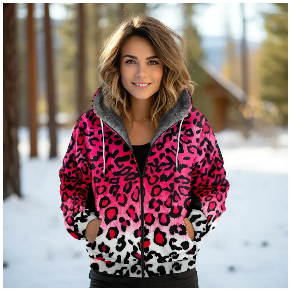 Women Coats Jackets Pink Leopard Graphics Printed Cardigans Outdoors Colors Plush Thick Winter Casual Streetwear Female Clothing