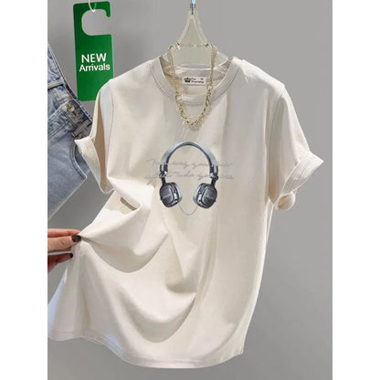 Women's Clothing Chic Headset Print Basic Pullovers Summer Casual Loose Pure Cotton Short Sleeve T-shirt Lady All-match Top Tees