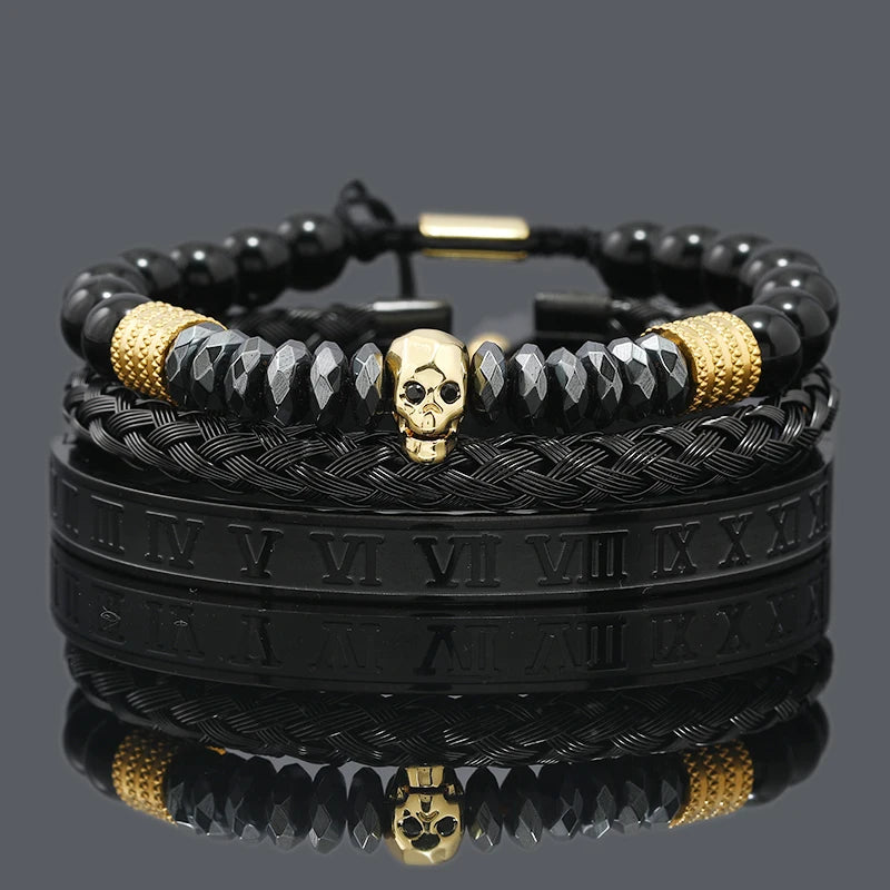 Black Stone Hematite Beads Men Skull Crown Leopard
