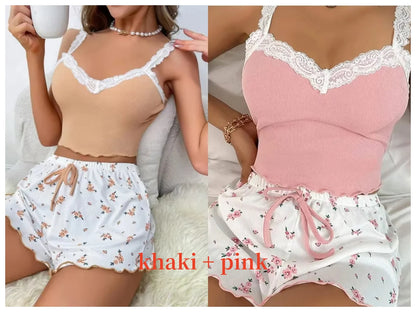 Women 2psc Pajama Set Pink Lace Patchwork V-Neck