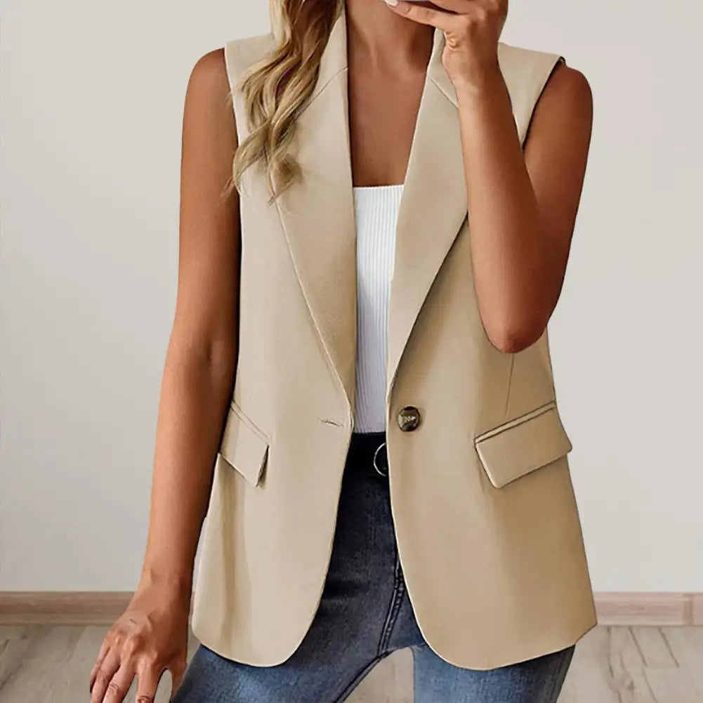 Women Summer Waistcoat Sleeveless Business Vest Coat Solid Color Lapel Pockets Single Button Straight Formal Style Commute Coat