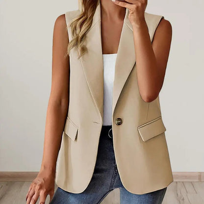 Women Summer Waistcoat Sleeveless Business Vest Coat Solid Color Lapel Pockets Single Button Straight Formal Style Commute Coat