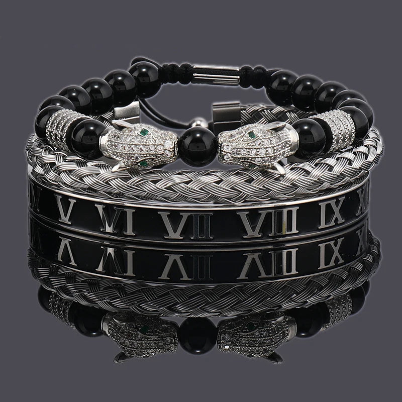 Luxury Black Stone Beads Leopard Head Man Bracelet