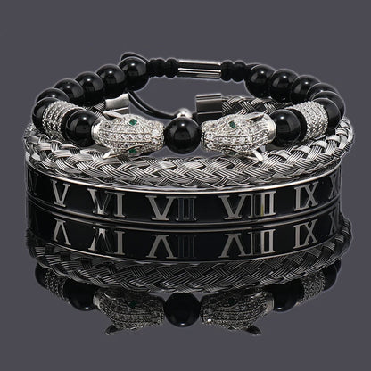 Luxury Black Stone Beads Leopard Head Man Bracelet