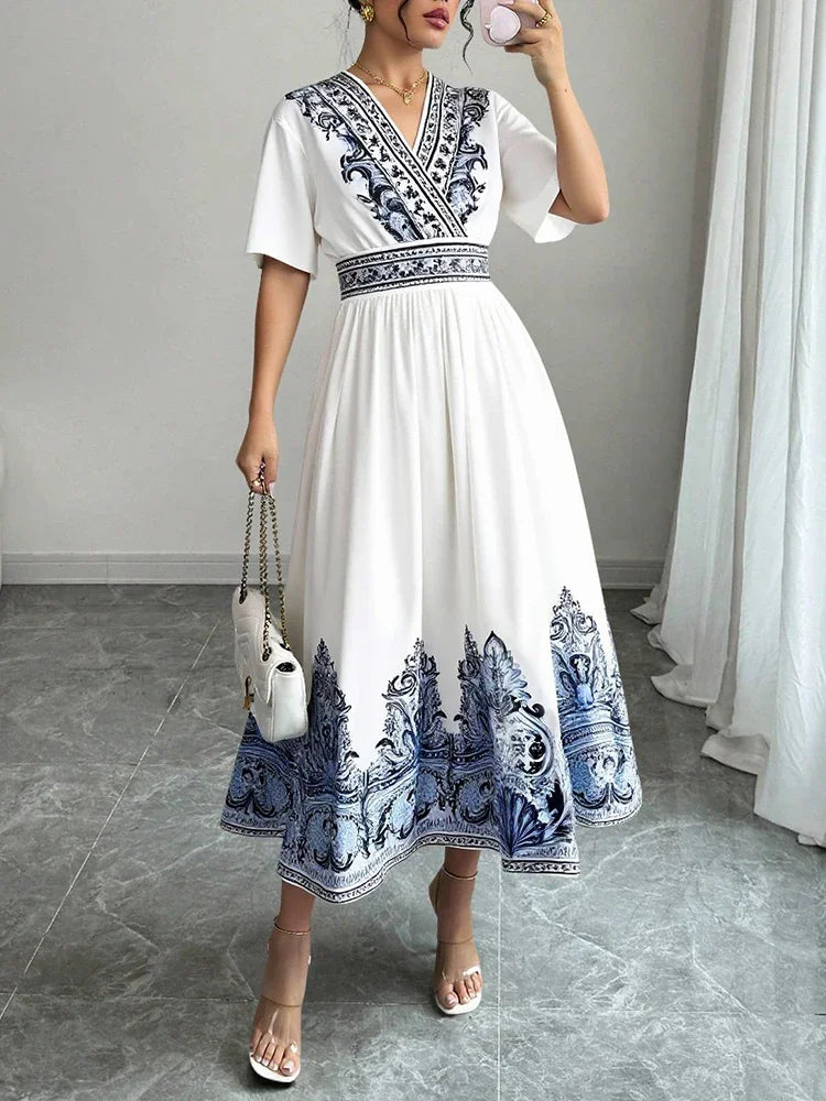 Rafiah Boutique Women's Summer White Midi Dress 2025 V-Neck Short Sleeve with Blue Embroidery and A-Line Silhouette Casual Wear