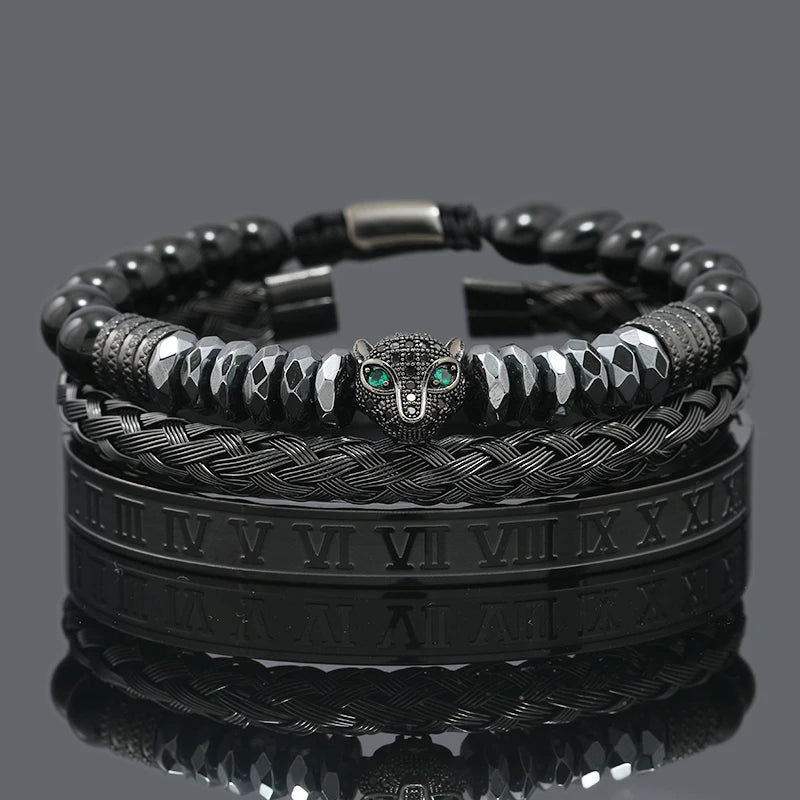 Black Stone Hematite Beads Men Skull Crown Leopard