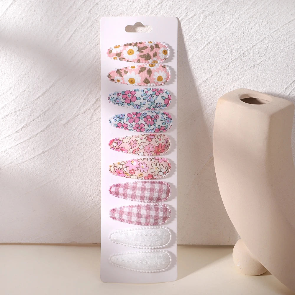 10Pcs/Lot Fresh Print Cotton Alloy Hair Clips for Kids Fabric
