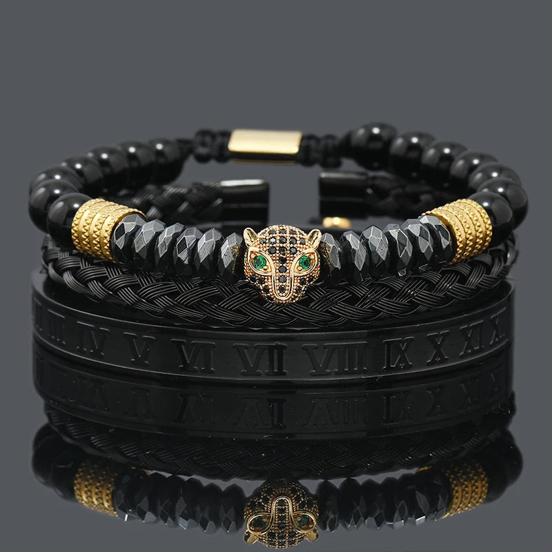 Black Stone Hematite Beads Men Skull Crown Leopard