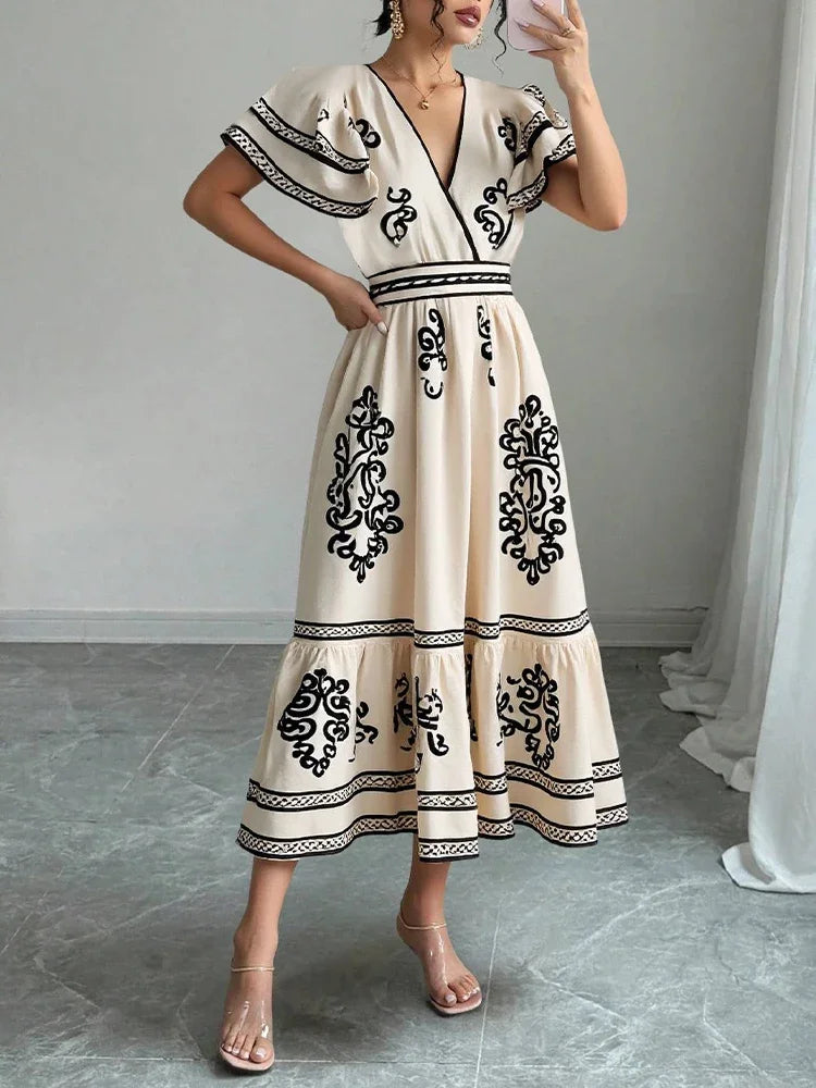 Rafiah Boutique Women's Even Dress 2025 Summer Modest Fashion Graphic Printing Midi Draped Short Petal Sleeve V-Neck Long Dress