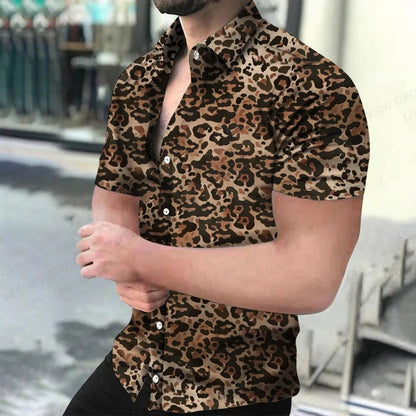 Summer Men's Hawaiian Shirts Lapel Camisa Leopard