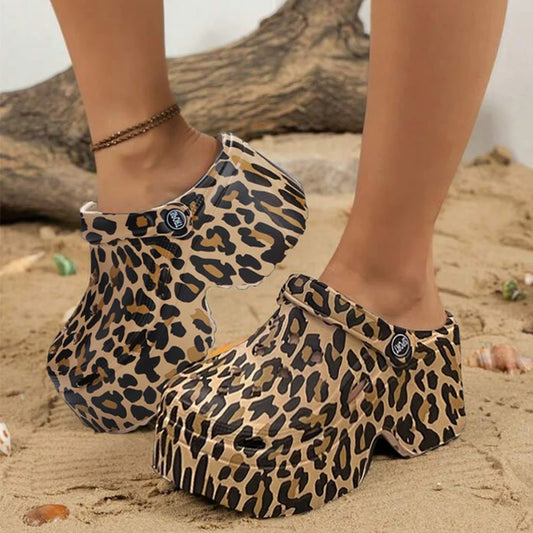 Leopard Platform Clogs for Women Closed Toe Chunky