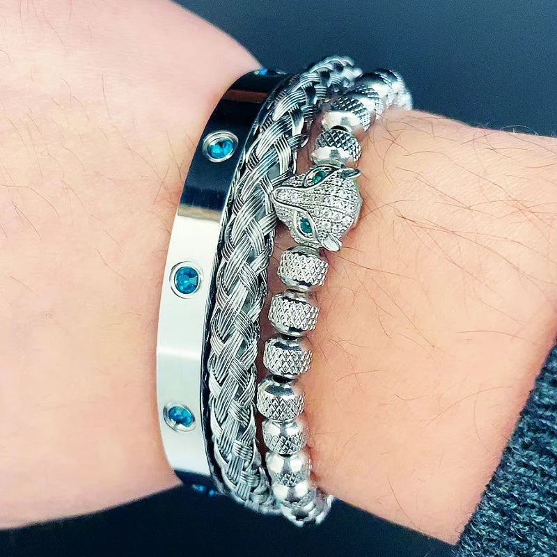 Luxury Set Green Eye Leopard Head Charm Handmade