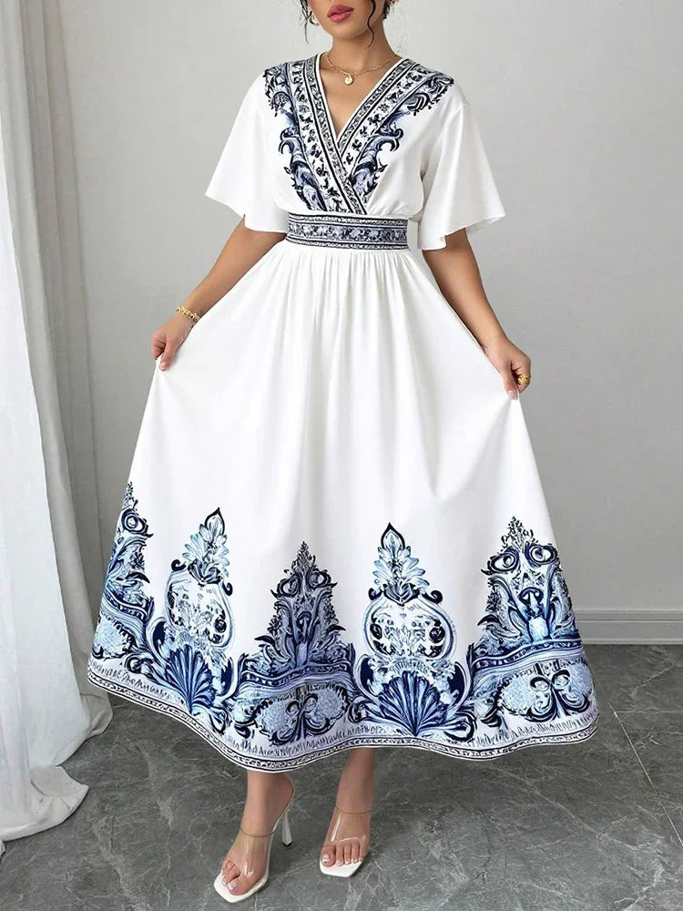 Rafiah Boutique Women's Summer White Midi Dress 2025 V-Neck Short Sleeve with Blue Embroidery and A-Line Silhouette Casual Wear