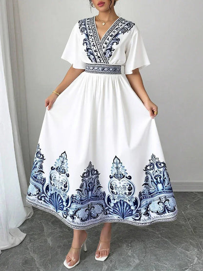 Rafiah Boutique Women's Summer White Midi Dress 2025 V-Neck Short Sleeve with Blue Embroidery and A-Line Silhouette Casual Wear