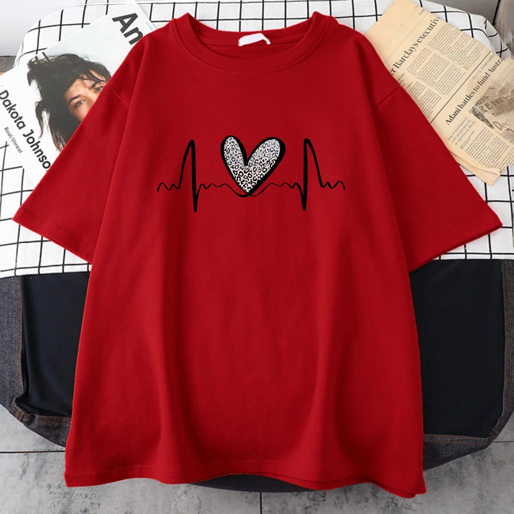 Fluctuating Leopard Heart Electrocardiogram T-Shirt Women Summer Soft Clothing Fashion Short Sleeve Plus Size Cotton Tshirts