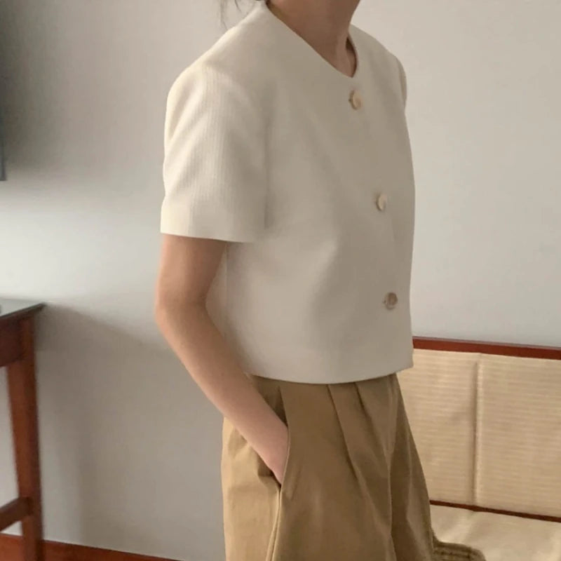 REALEFT Spring Summer Elegant Women's Jackets 2025 New Short Sleeve Korean O-neck Single Breasted Solid Short Outwear Female