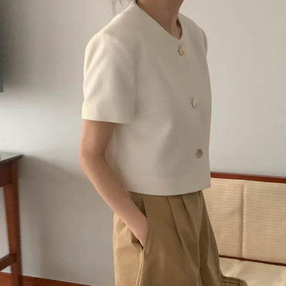 REALEFT Spring Summer Elegant Women's Jackets 2025 New Short Sleeve Korean O-neck Single Breasted Solid Short Outwear Female