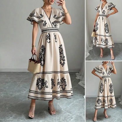 Rafiah Boutique Women's Even Dress 2025 Summer Modest Fashion Graphic Printing Midi Draped Short Petal Sleeve V-Neck Long Dress