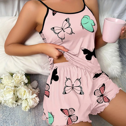 Butterfly Print Pajama Set Lettuce Trim Cami Top