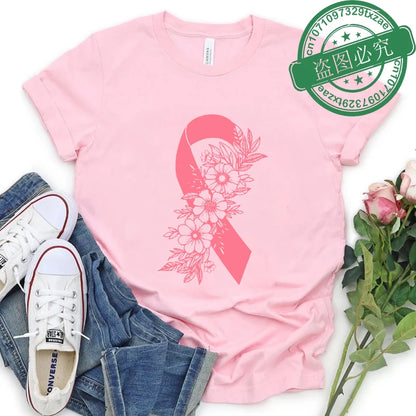 Breast Cancer Awareness Shirt Pink Ribbon Floral T-Shirts Support Cancer Fighter Women's Clothing Breast Cancer Survivor Tops
