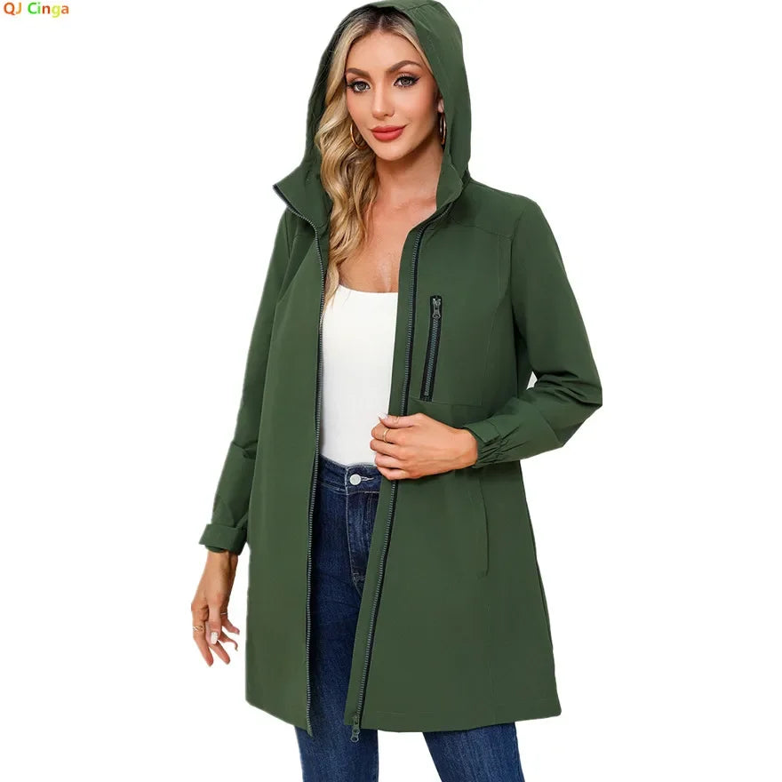 Spring New Green Women's Hooded Long Jacket, Fashion Casual Coats, European Size S-3XL, Trench Women, Pink Black Blue Available