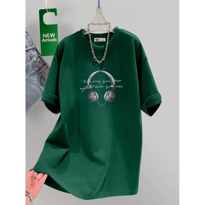 Women's Clothing Chic Headset Print Basic Pullovers Summer Casual Loose Pure Cotton Short Sleeve T-shirt Lady All-match Top Tees