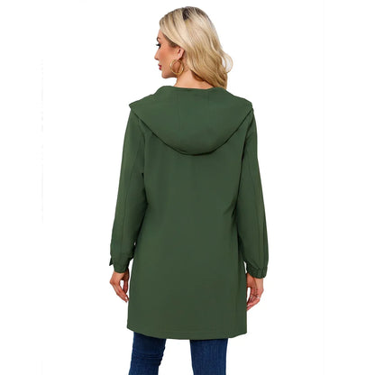 Spring New Green Women's Hooded Long Jacket, Fashion Casual Coats, European Size S-3XL, Trench Women, Pink Black Blue Available