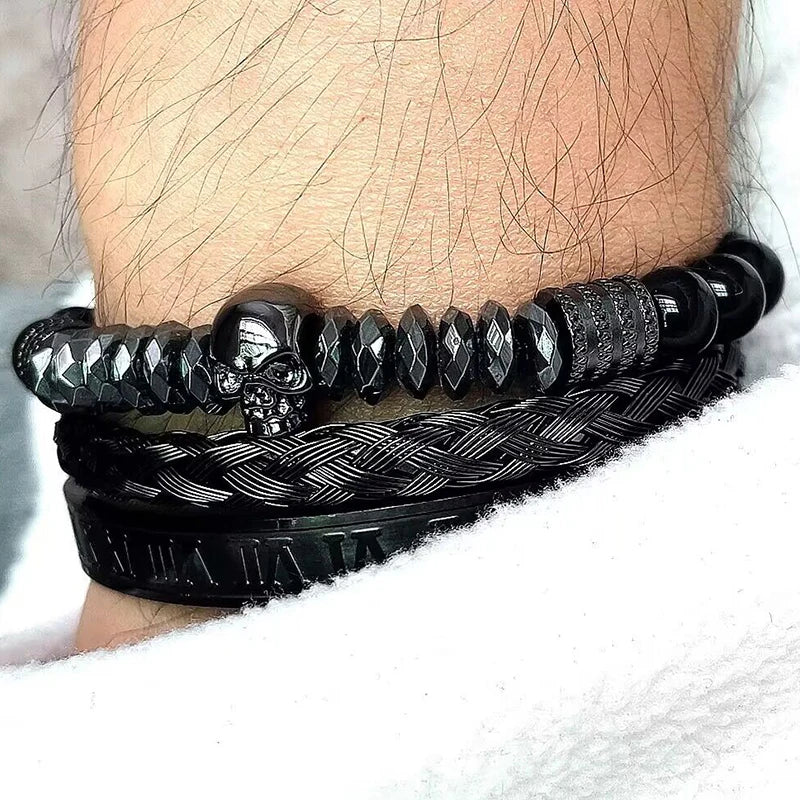 Black Stone Hematite Beads Men Skull Crown Leopard