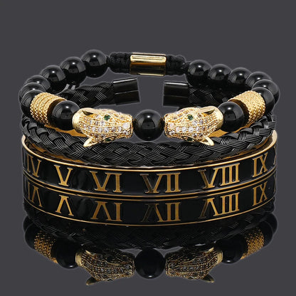 Luxury Black Stone Beads Leopard Head Man Bracelet