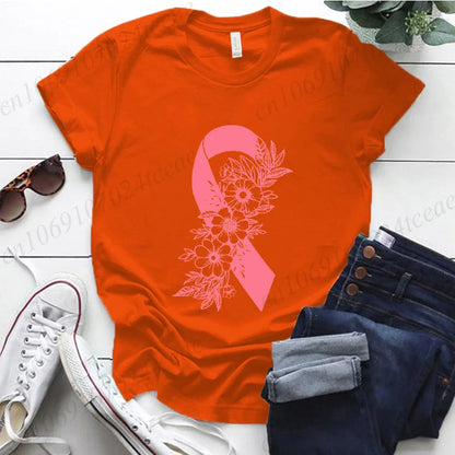 Breast Cancer Awareness Shirt Pink Ribbon Floral T-Shirts Support Cancer Fighter Women's Clothing Breast Cancer Survivor Tops